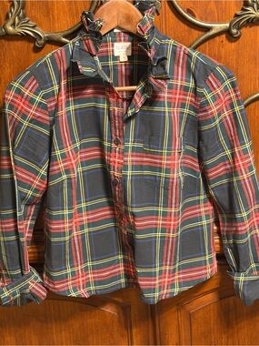 J. Crew Navy and Red Plaid Button down ruffle collar upcycled